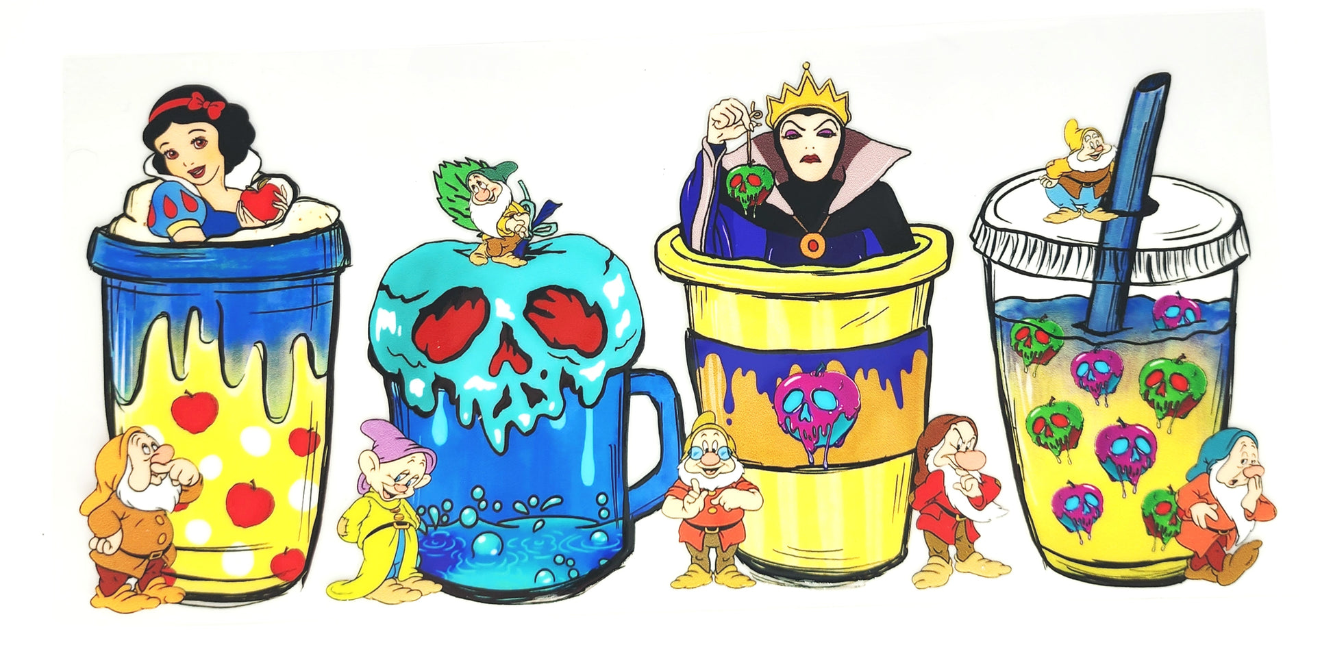 Colorful drink cups with animated characters from Disney's 'Snow White' on a white background