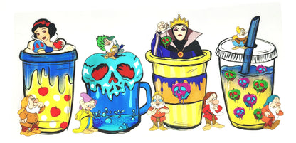 Colorful drink cups with animated characters from Disney's 'Snow White' on a white background